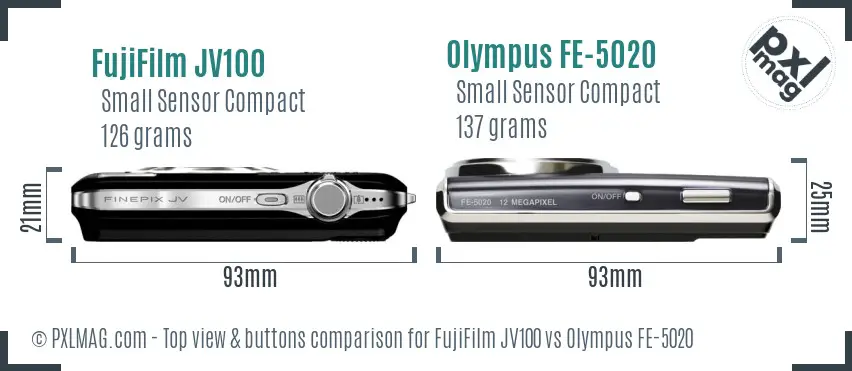 FujiFilm JV100 vs Olympus FE-5020 top view buttons comparison FujiFilm JV100 vs Olympus FE-5020 top view buttons comparison
