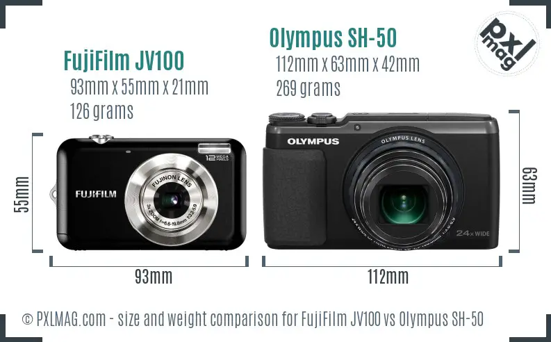 FujiFilm JV100 vs Olympus SH-50 size comparison FujiFilm JV100 vs Olympus SH-50 size comparison
