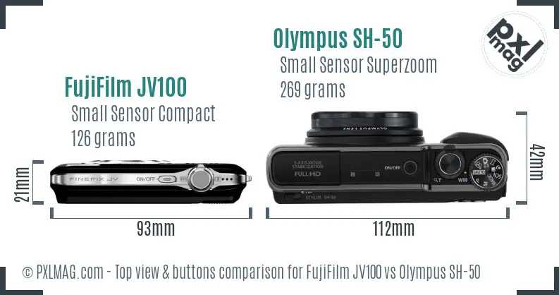 FujiFilm JV100 vs Olympus SH-50 top view buttons comparison FujiFilm JV100 vs Olympus SH-50 top view buttons comparison