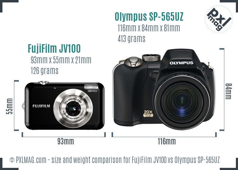 FujiFilm JV100 vs Olympus SP-565UZ size comparison