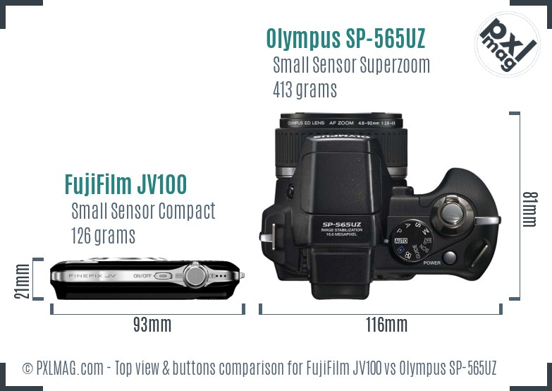 FujiFilm JV100 vs Olympus SP-565UZ top view buttons comparison