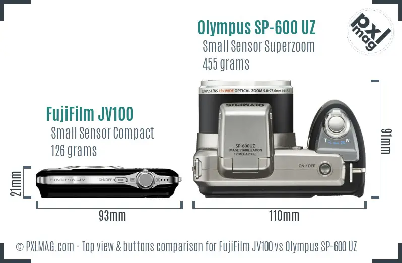 FujiFilm JV100 vs Olympus SP-600 UZ top view buttons comparison
