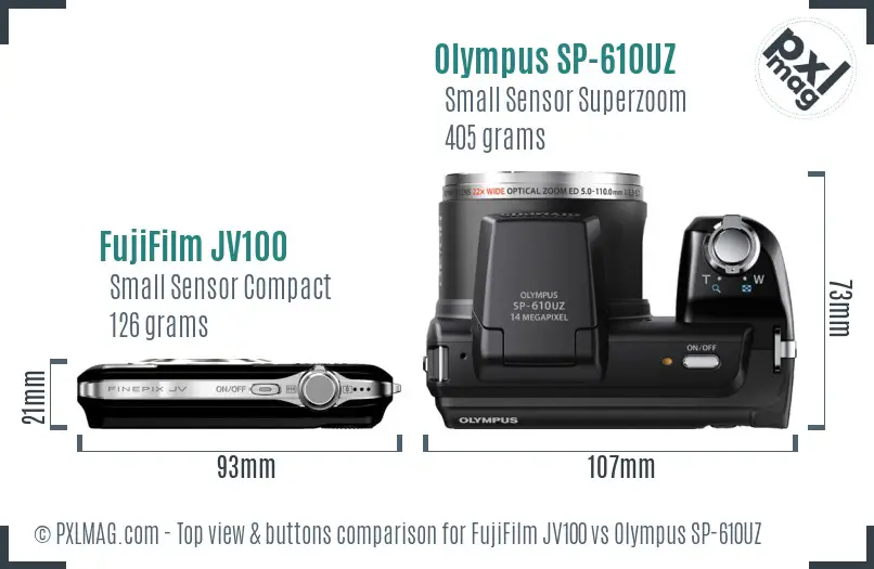 FujiFilm JV100 vs Olympus SP-610UZ top view buttons comparison