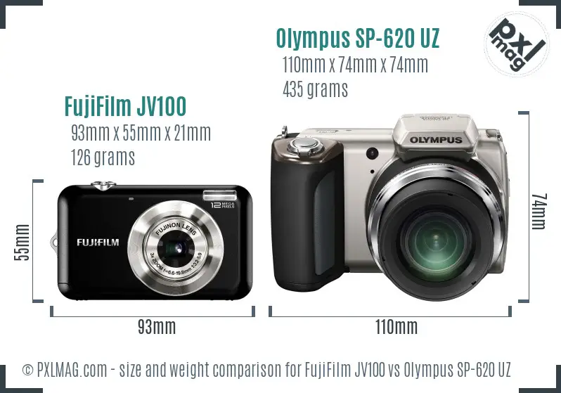 FujiFilm JV100 vs Olympus SP-620 UZ size comparison