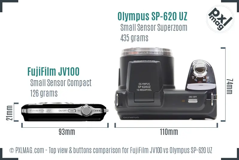 FujiFilm JV100 vs Olympus SP-620 UZ top view buttons comparison