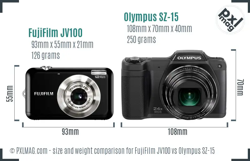FujiFilm JV100 vs Olympus SZ-15 size comparison