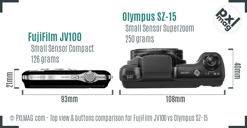 FujiFilm JV100 vs Olympus SZ-15 top view buttons comparison