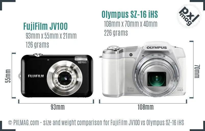 FujiFilm JV100 vs Olympus SZ-16 iHS size comparison FujiFilm JV100 vs Olympus SZ-16 iHS size comparison