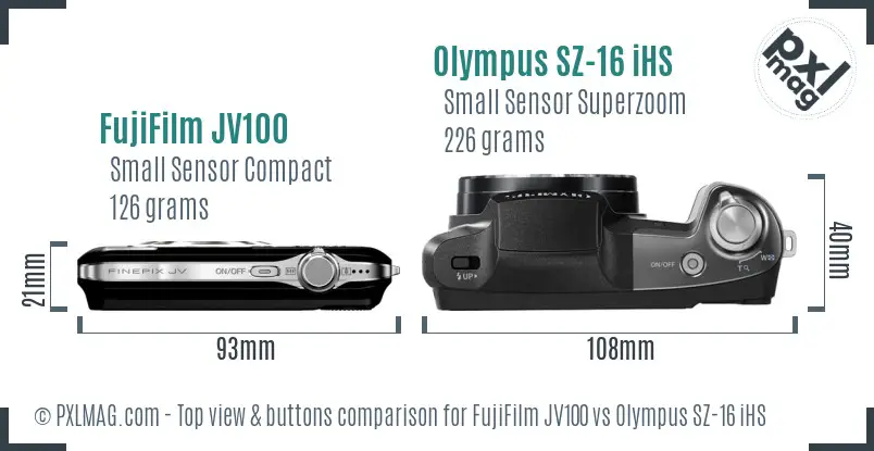 FujiFilm JV100 vs Olympus SZ-16 iHS top view buttons comparison FujiFilm JV100 vs Olympus SZ-16 iHS top view buttons comparison
