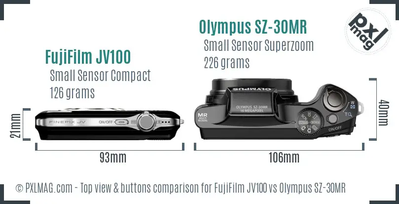 FujiFilm JV100 vs Olympus SZ-30MR top view buttons comparison FujiFilm JV100 vs Olympus SZ-30MR top view buttons comparison