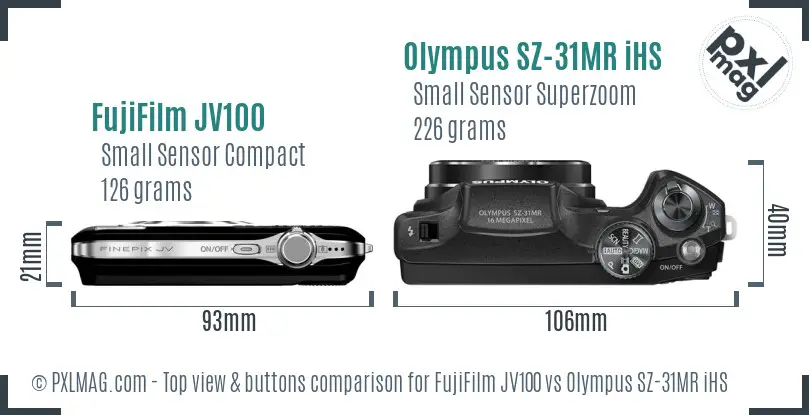 FujiFilm JV100 vs Olympus SZ-31MR iHS top view buttons comparison FujiFilm JV100 vs Olympus SZ-31MR iHS top view buttons comparison