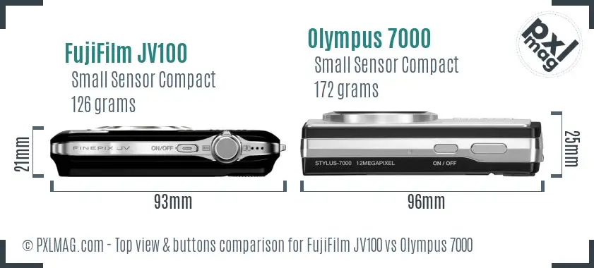 FujiFilm JV100 vs Olympus 7000 top view buttons comparison FujiFilm JV100 vs Olympus 7000 top view buttons comparison