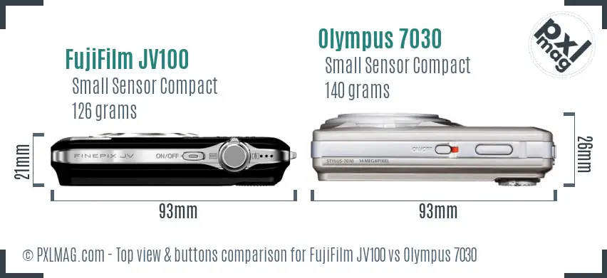FujiFilm JV100 vs Olympus 7030 top view buttons comparison FujiFilm JV100 vs Olympus 7030 top view buttons comparison