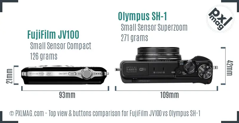 FujiFilm JV100 vs Olympus SH-1 top view buttons comparison