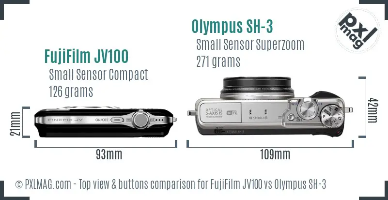FujiFilm JV100 vs Olympus SH-3 top view buttons comparison FujiFilm JV100 vs Olympus SH-3 top view buttons comparison