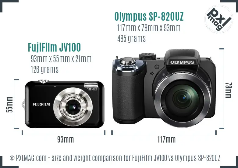 FujiFilm JV100 vs Olympus SP-820UZ size comparison FujiFilm JV100 vs Olympus SP-820UZ size comparison
