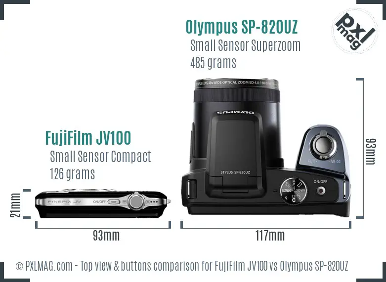 FujiFilm JV100 vs Olympus SP-820UZ top view buttons comparison FujiFilm JV100 vs Olympus SP-820UZ top view buttons comparison