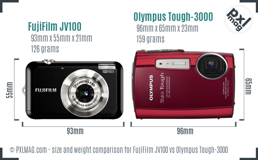 FujiFilm JV100 vs Olympus Tough-3000 size comparison