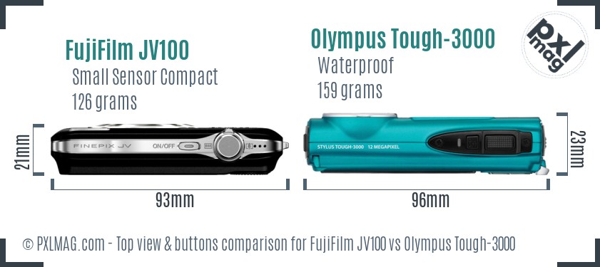 FujiFilm JV100 vs Olympus Tough-3000 top view buttons comparison