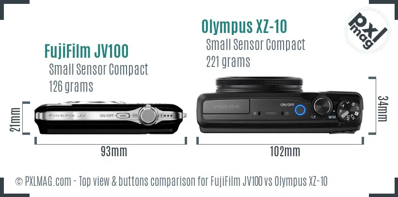 FujiFilm JV100 vs Olympus XZ-10 top view buttons comparison