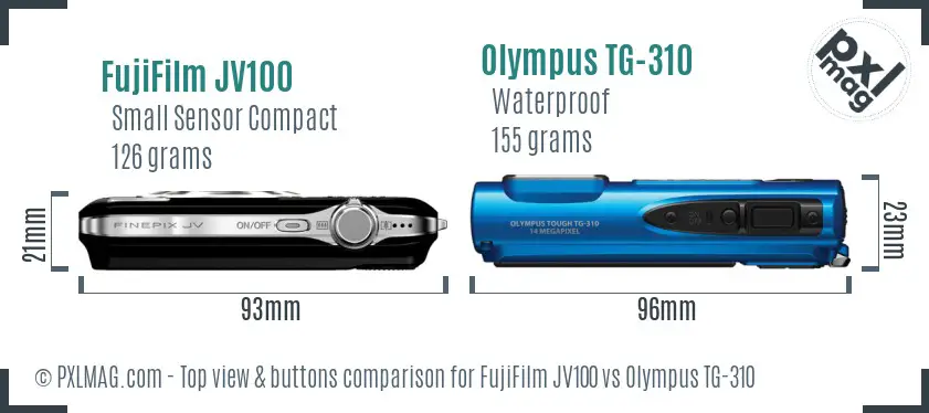 FujiFilm JV100 vs Olympus TG-310 top view buttons comparison