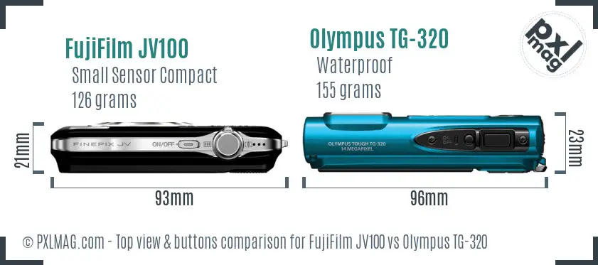 FujiFilm JV100 vs Olympus TG-320 top view buttons comparison FujiFilm JV100 vs Olympus TG-320 top view buttons comparison