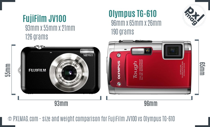 FujiFilm JV100 vs Olympus TG-610 size comparison