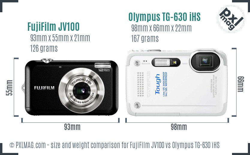 FujiFilm JV100 vs Olympus TG-630 iHS size comparison FujiFilm JV100 vs Olympus TG-630 iHS size comparison