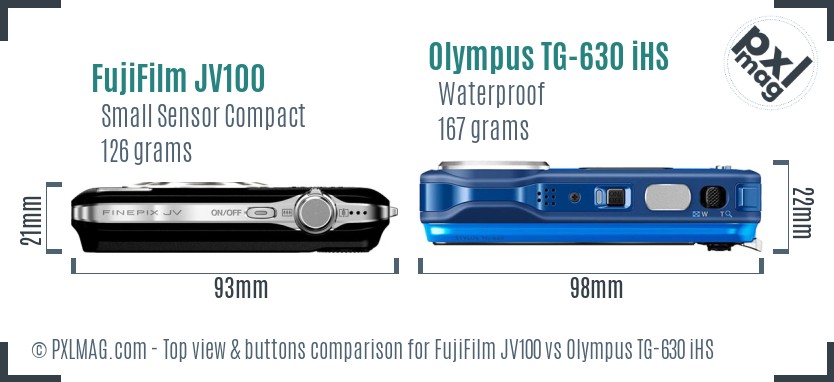 FujiFilm JV100 vs Olympus TG-630 iHS top view buttons comparison