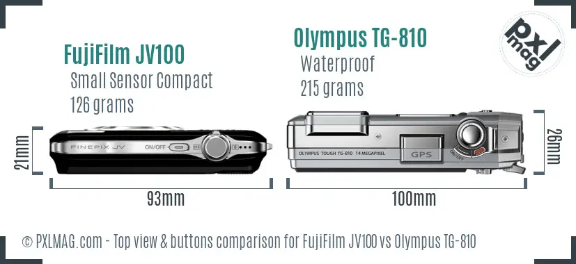 FujiFilm JV100 vs Olympus TG-810 top view buttons comparison