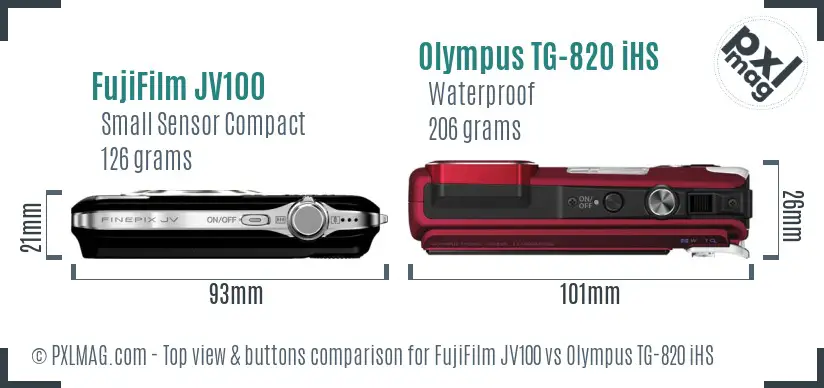 FujiFilm JV100 vs Olympus TG-820 iHS top view buttons comparison FujiFilm JV100 vs Olympus TG-820 iHS top view buttons comparison
