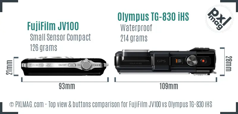 FujiFilm JV100 vs Olympus TG-830 iHS top view buttons comparison