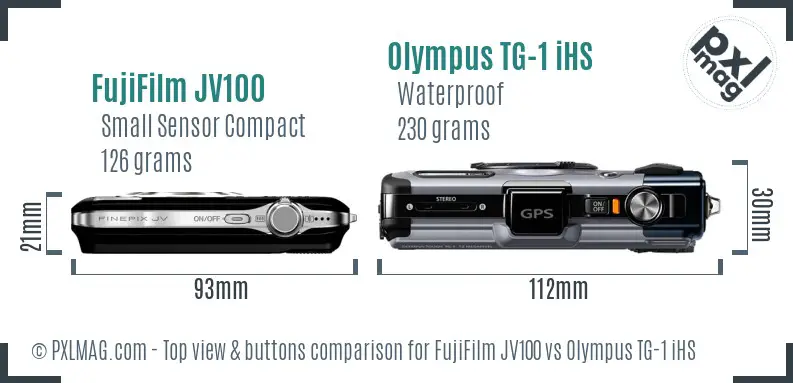 FujiFilm JV100 vs Olympus TG-1 iHS top view buttons comparison