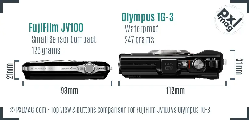 FujiFilm JV100 vs Olympus TG-3 top view buttons comparison