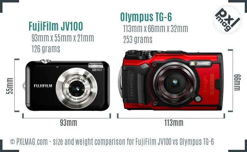 FujiFilm JV100 vs Olympus TG-6 size comparison