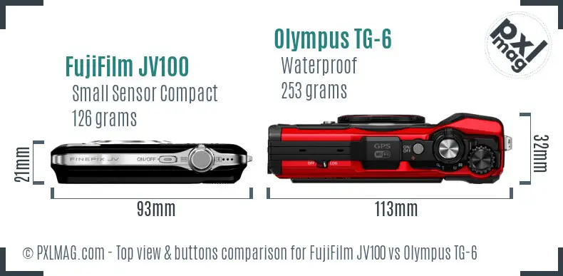 FujiFilm JV100 vs Olympus TG-6 top view buttons comparison