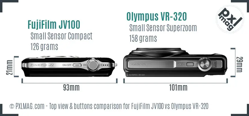 FujiFilm JV100 vs Olympus VR-320 top view buttons comparison FujiFilm JV100 vs Olympus VR-320 top view buttons comparison