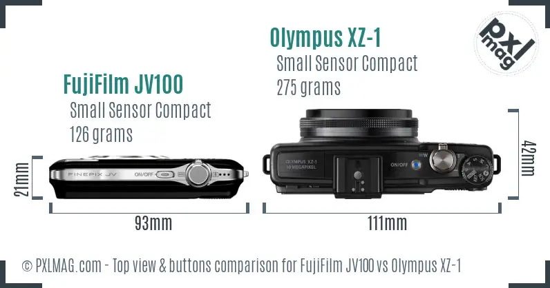 FujiFilm JV100 vs Olympus XZ-1 top view buttons comparison