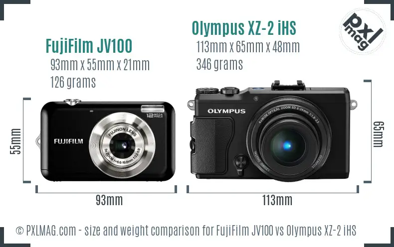 FujiFilm JV100 vs Olympus XZ-2 iHS size comparison
