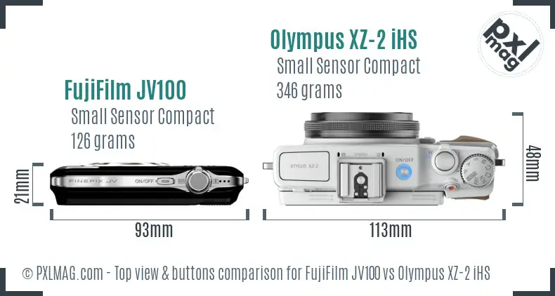 FujiFilm JV100 vs Olympus XZ-2 iHS top view buttons comparison