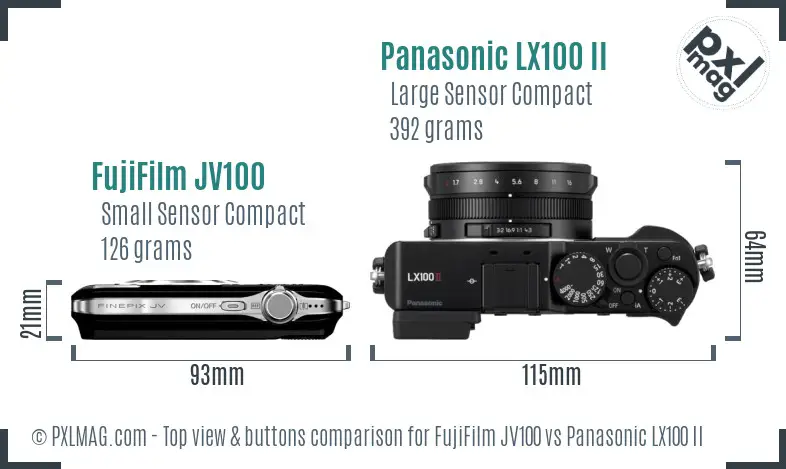 FujiFilm JV100 vs Panasonic LX100 II top view buttons comparison