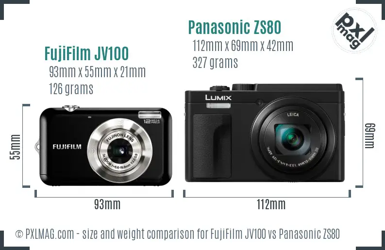 FujiFilm JV100 vs Panasonic ZS80 size comparison