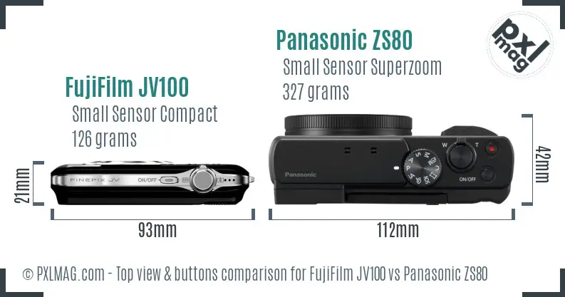 FujiFilm JV100 vs Panasonic ZS80 top view buttons comparison