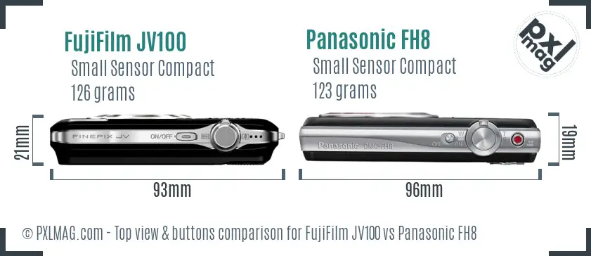 FujiFilm JV100 vs Panasonic FH8 top view buttons comparison