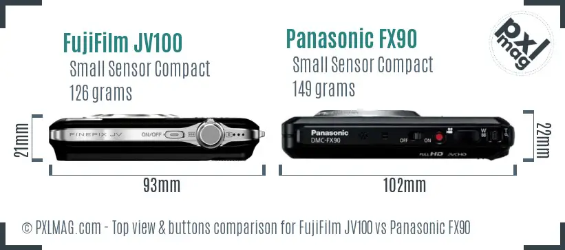 FujiFilm JV100 vs Panasonic FX90 top view buttons comparison FujiFilm JV100 vs Panasonic FX90 top view buttons comparison