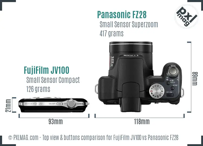 FujiFilm JV100 vs Panasonic FZ28 top view buttons comparison