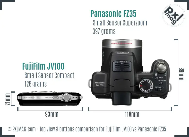FujiFilm JV100 vs Panasonic FZ35 top view buttons comparison