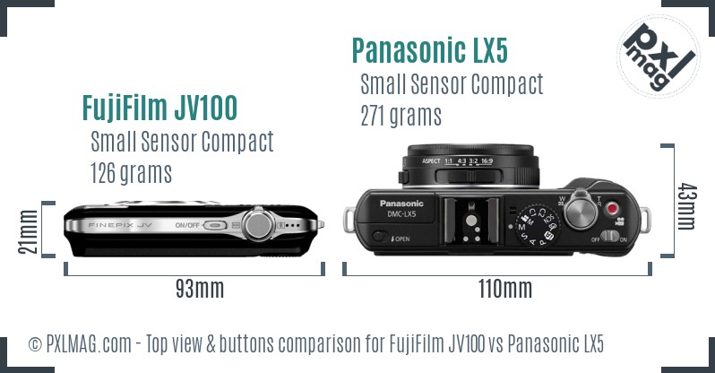 FujiFilm JV100 vs Panasonic LX5 top view buttons comparison