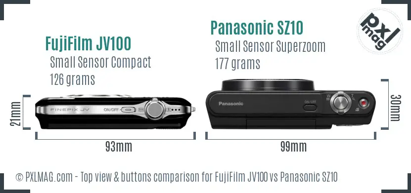 FujiFilm JV100 vs Panasonic SZ10 top view buttons comparison