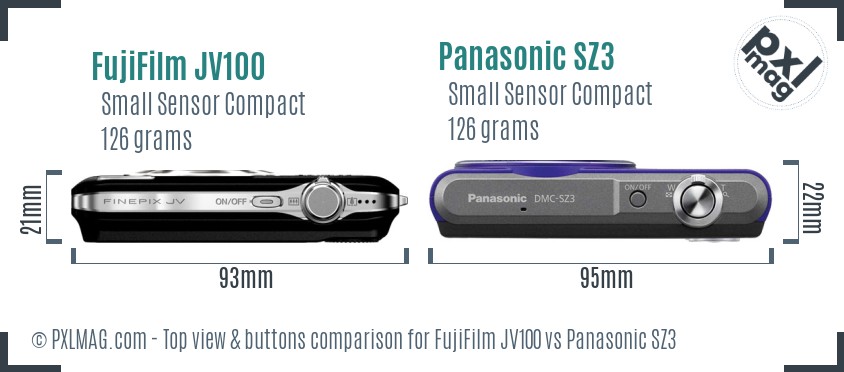 FujiFilm JV100 vs Panasonic SZ3 top view buttons comparison
